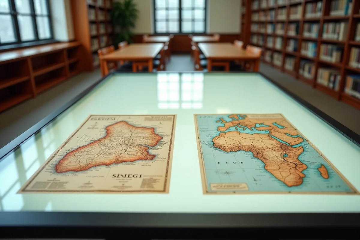 Comparaison côte à côte d'une ancienne carte coloniale du Sénégal et d'une carte moderne satellite sur une table lumineuse dans une bibliothèque universitaire