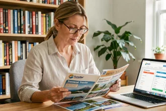 Femme comparant des brochures Leclerc Voyage et agence classique à son bureau