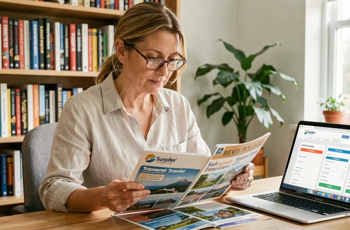 Femme comparant des brochures Leclerc Voyage et agence classique à son bureau