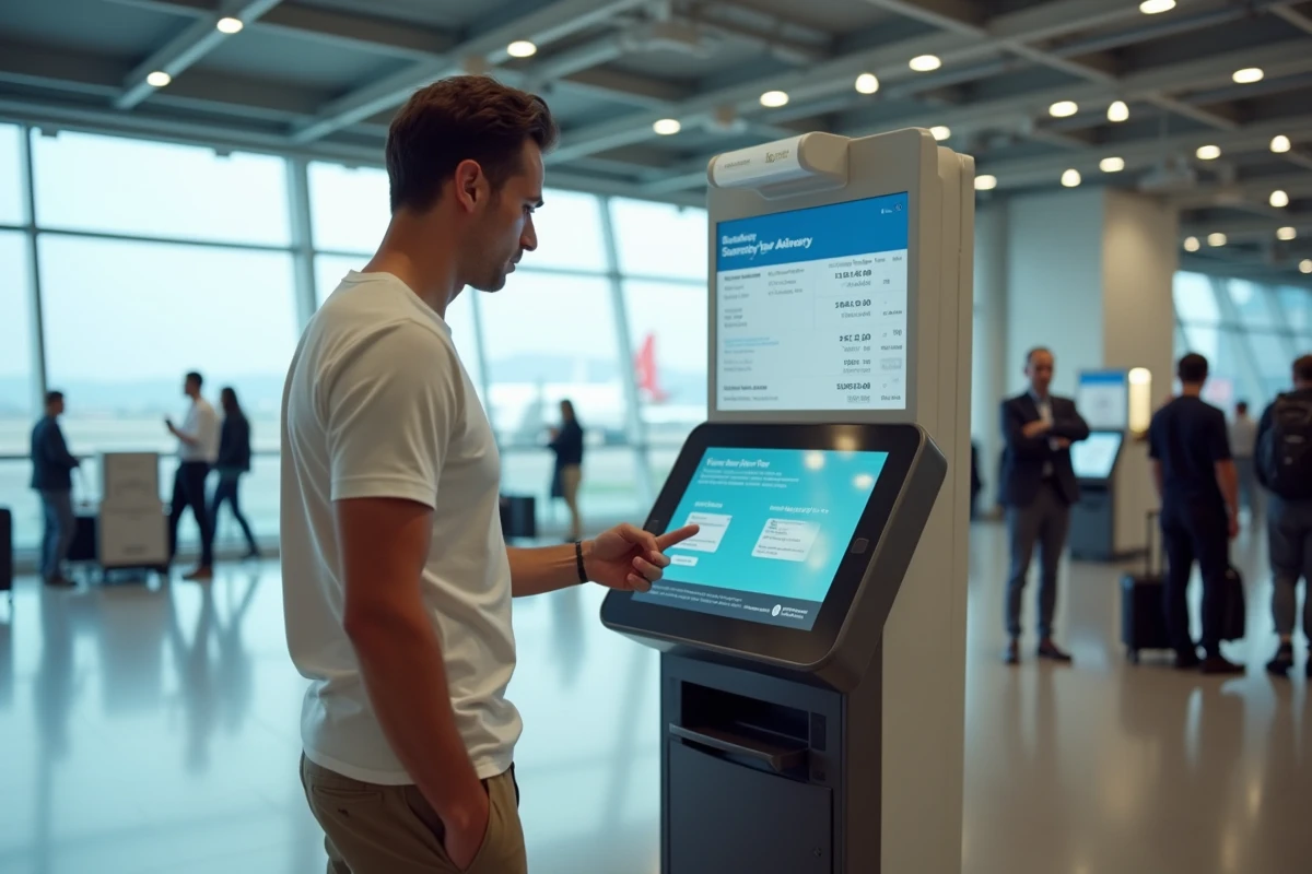 Voyageur comparant les tarifs et frais supplémentaires d'une compagnie aérienne low cost en aéroport