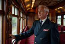 Nombre de voitures dans l’Orient Express: découverte et anecdotes secrètes Conducteur de train en uniforme dans un wagon vintage de l'Orient Express