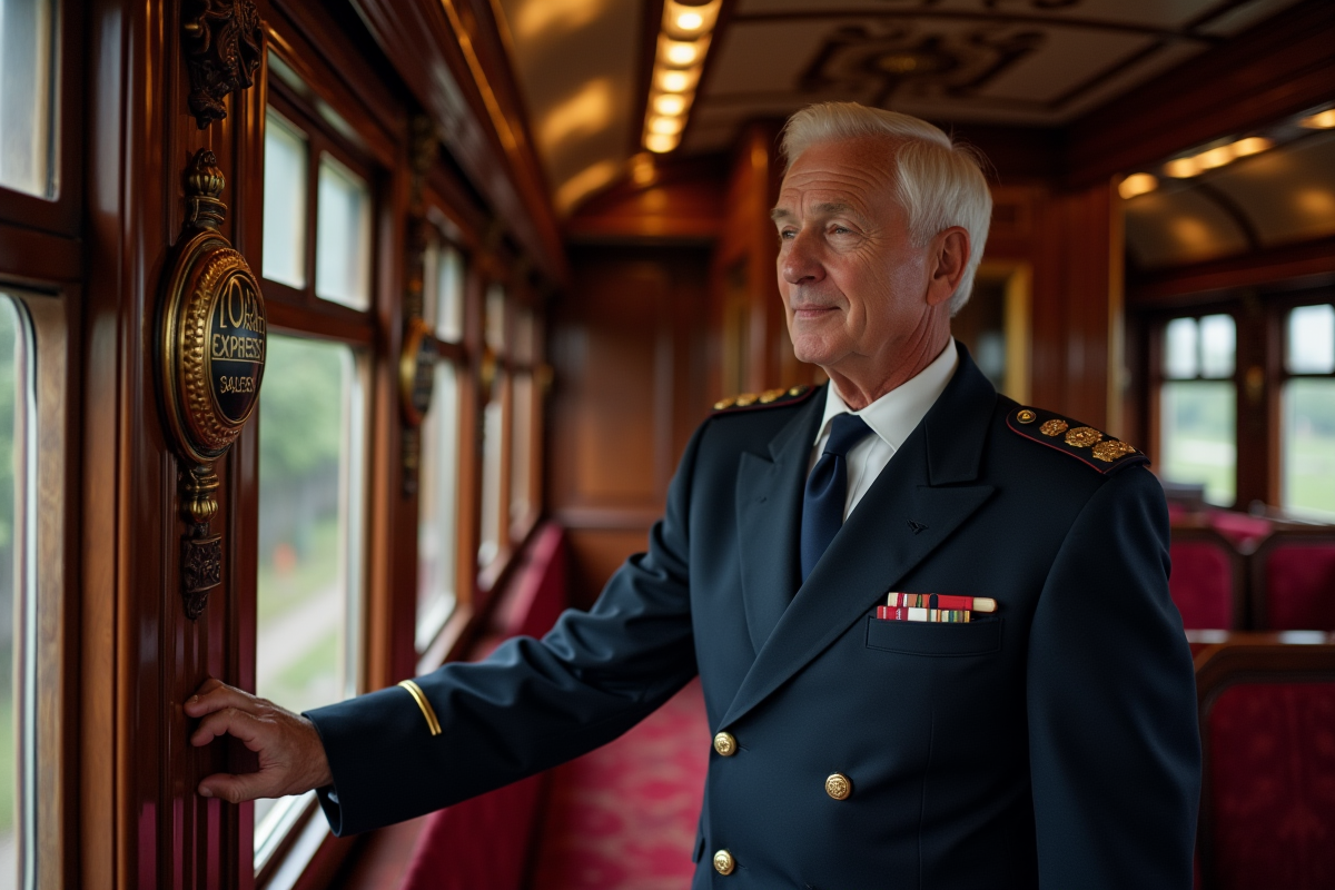 Conducteur de train en uniforme dans un wagon vintage de l'Orient Express
