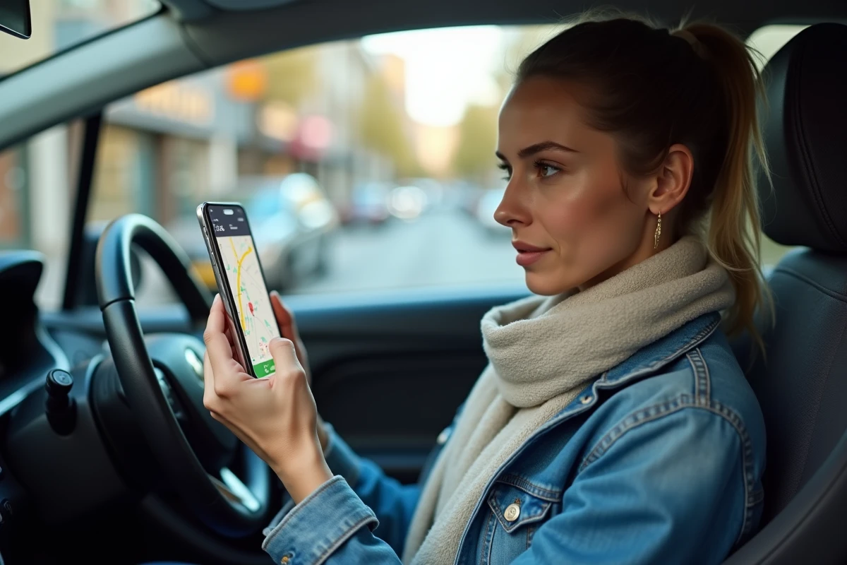 Conductrice consultant l'application Mappy sur smartphone monté dans une voiture pour suivre un itinéraire routier