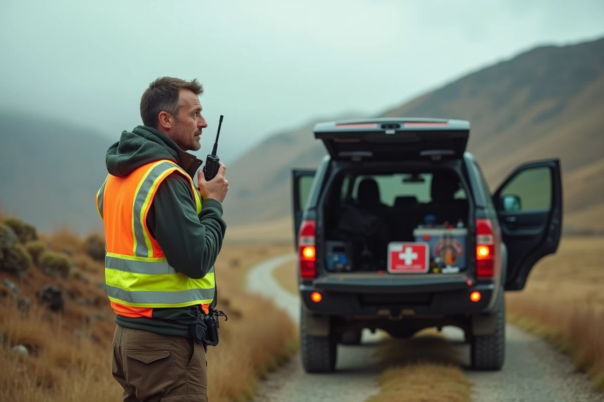 Coordinateur de s&eacute;curit&eacute; terrain Aguila Voyages en communication radio pr&egrave;s d'un v&eacute;hicule d'intervention dans un environnement aride et montagneux