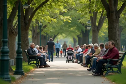 Familles et habitants du quartier se reposant sur les allées de Corona Park à Queens, New York, atmosphère populaire et multiculturelle