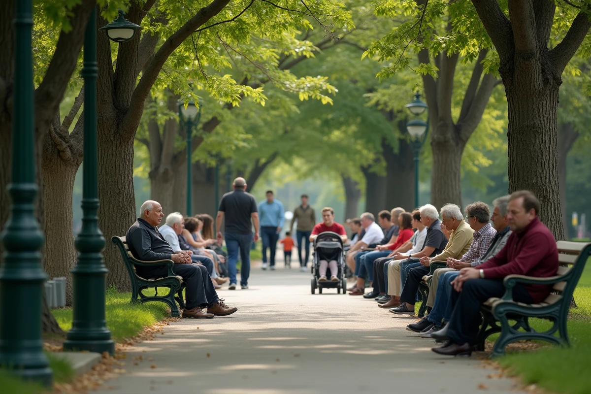Familles et habitants du quartier se reposant sur les allées de Corona Park à Queens, New York, atmosphère populaire et multiculturelle