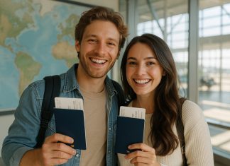 Pourquoi souscrire une assurance santé expatrié avant de partir vivre à l’étranger est essentiel Jeune couple souriant à l'aéroport avec passeports et carte du monde