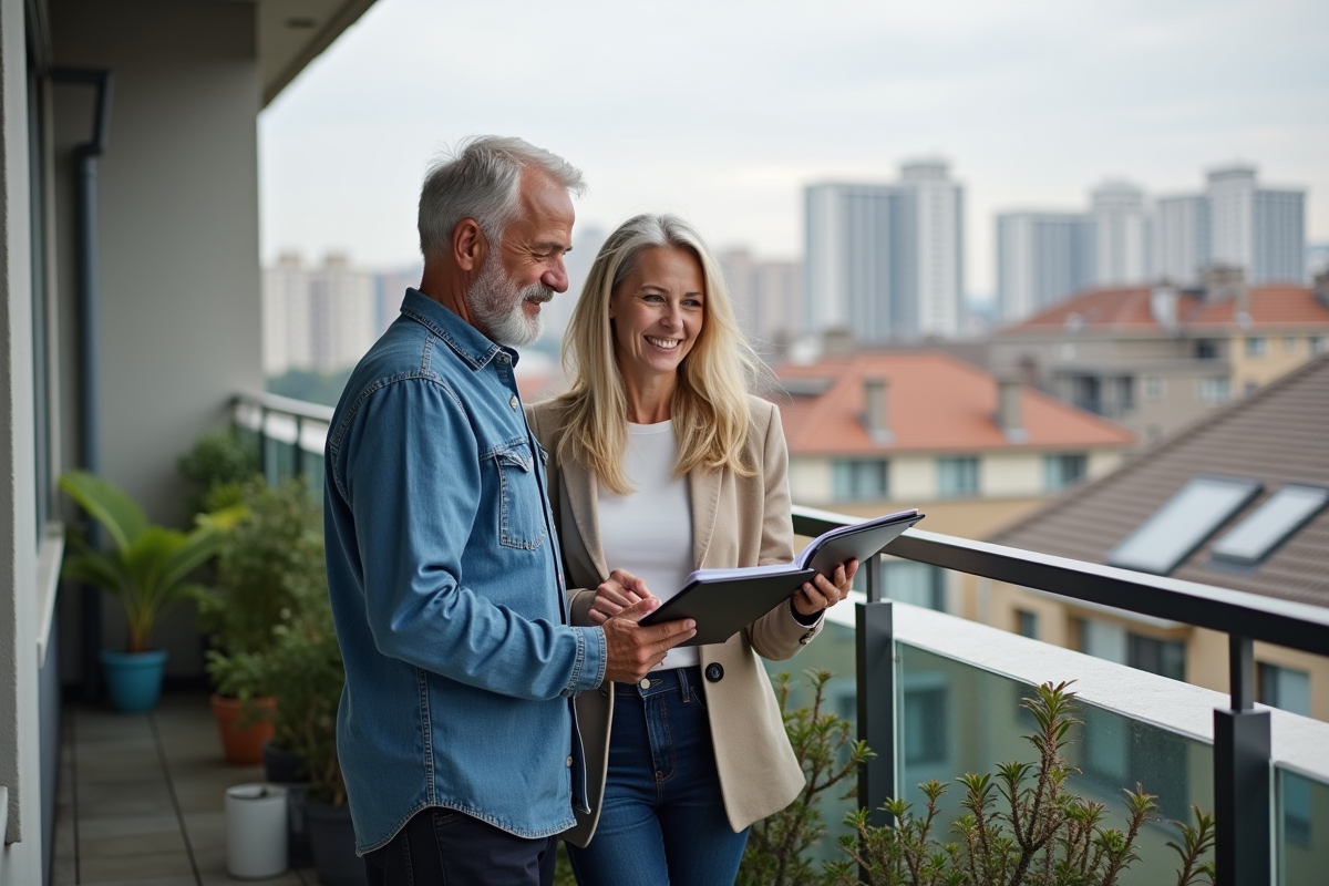Couple discutant sur un balcon avec vue urbaine détendue
