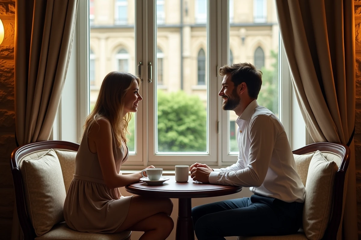Jeune couple souriant dans un hôtel à Dijon