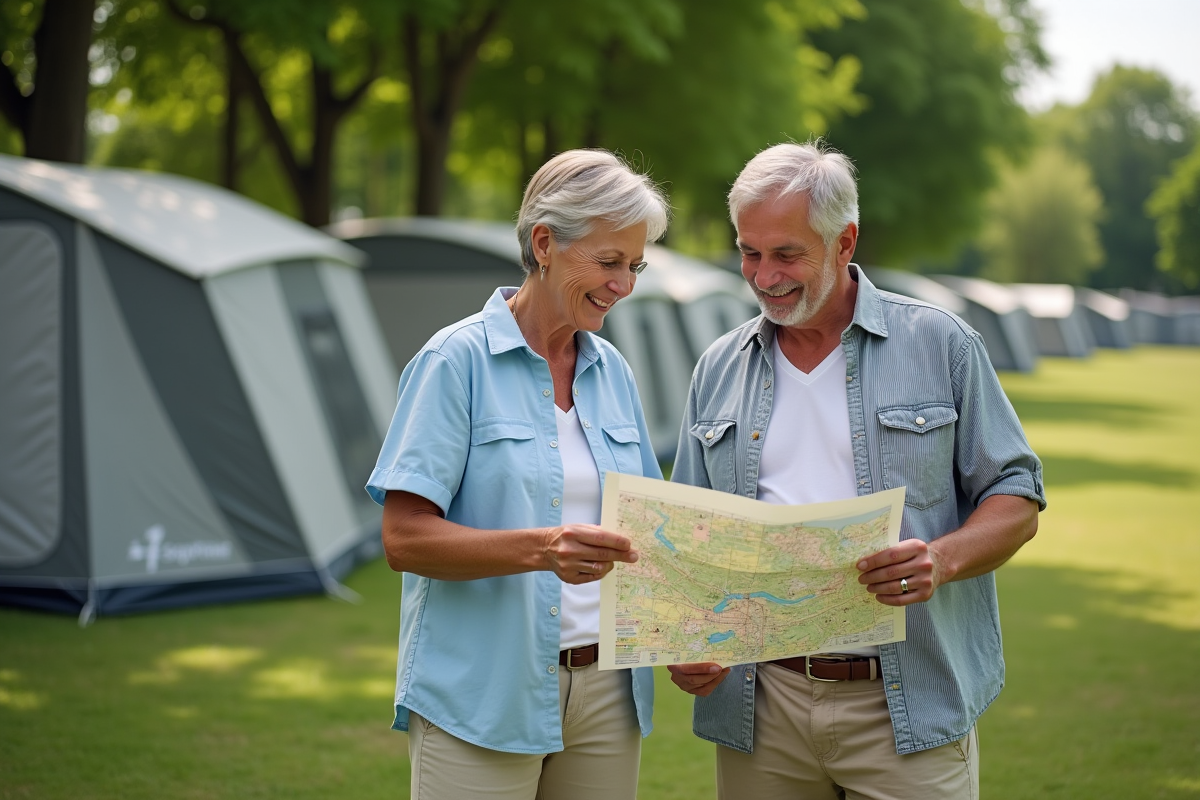 Couple souriant étudiant une carte de camping en extérieur