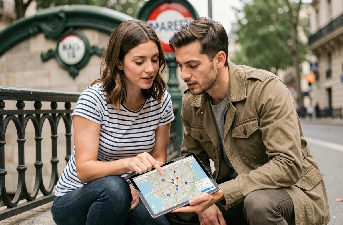Couple consultant une carte hors connexion de Paris sur tablette près d'une station de métro