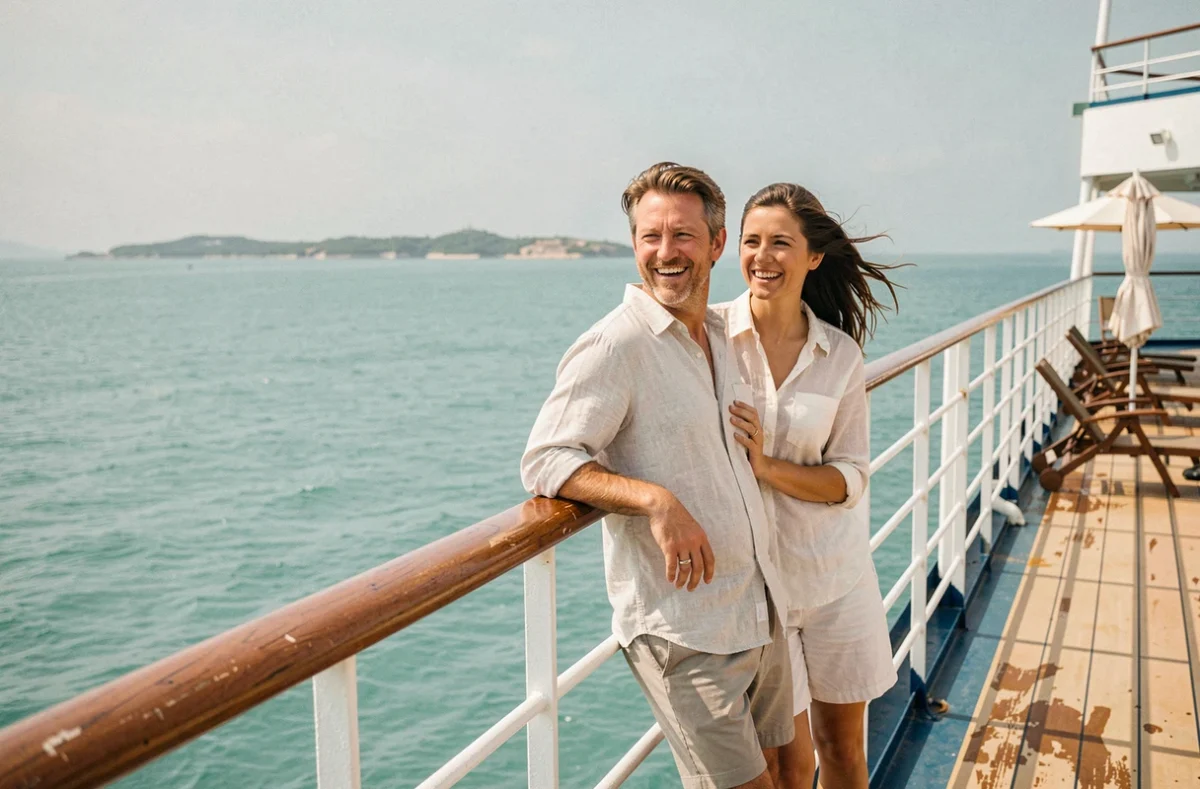 Couple souriant sur le pont d'un bateau de croisière all inclusive avec vue sur la mer turquoise