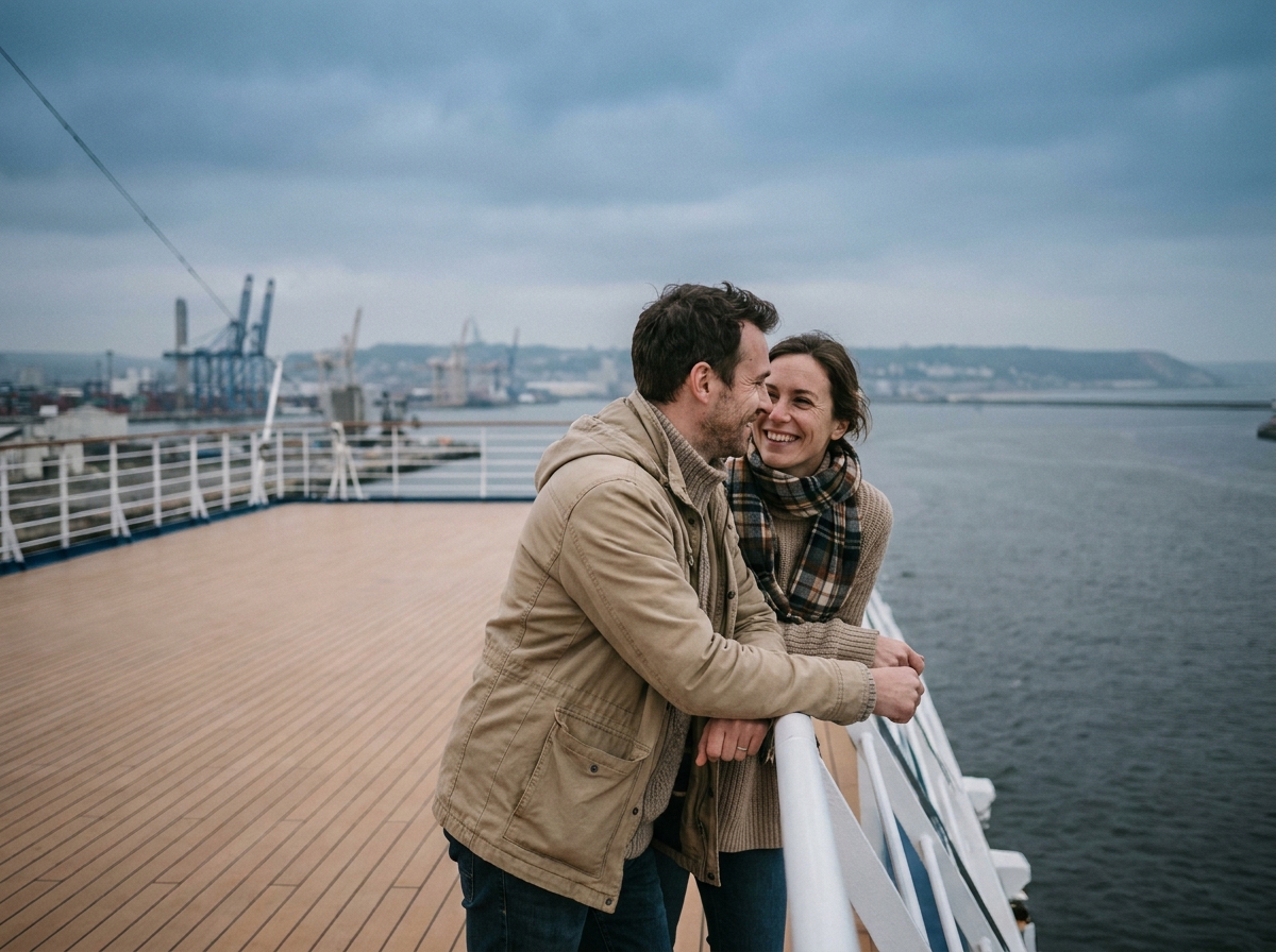 Couple souriant sur le pont d'un bateau de croisière au départ du Havre, vue sur le port en arrière-plan