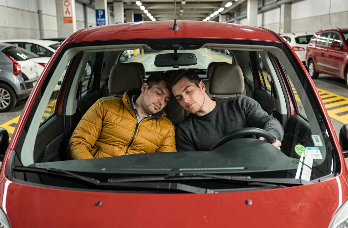 Couple endormi ensemble dans une voiture compacte rouge à l'intérieur d'un wagon Eurotunnel