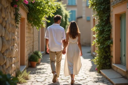 Jeune couple dans le village d'Èze en promenade
