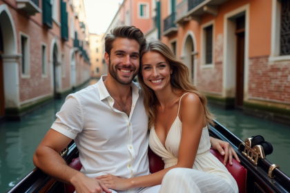 Jeune couple souriant dans une gondole &agrave; Venise