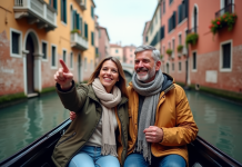 Durée balade en gondole à Venise : découvrez le temps idéal pour cette excursion unique Couple souriant en gondola à Venise avec bâtiments historiques