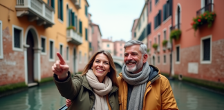 Durée balade en gondole à Venise : découvrez le temps idéal pour cette excursion unique Couple souriant en gondola à Venise avec bâtiments historiques