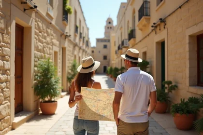 Couple examinant une carte à Mdina à Malte