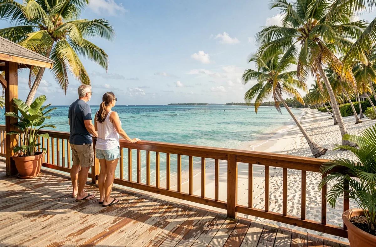 Couple profitant d'une plage tropicale en République Dominicaine après un vol depuis Lyon