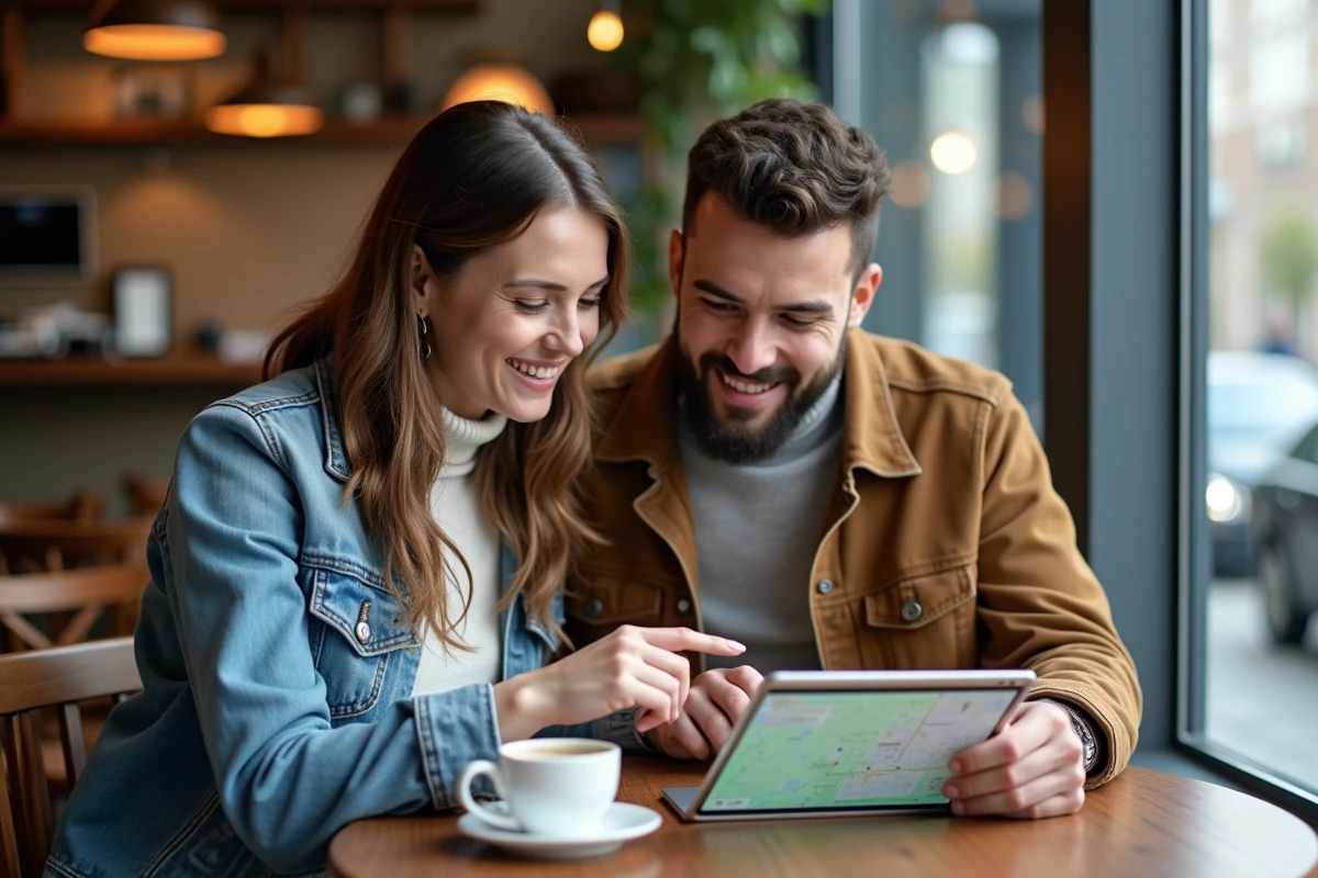 Couple planifiant un itinéraire de voyage sur tablette avec l'application Mappy dans un café