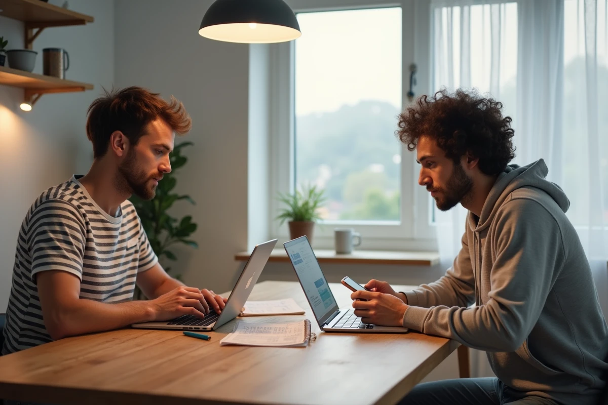 Couple planifiant un voyage long-courrier économique en comparant les offres Frenchbee et autres low cost