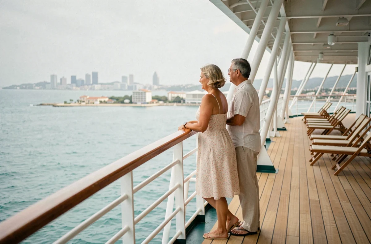 Couple en croisière sur le pont du bateau contemplant une ville côtière, symbole d'une offre croisière avec vol inclus réussie