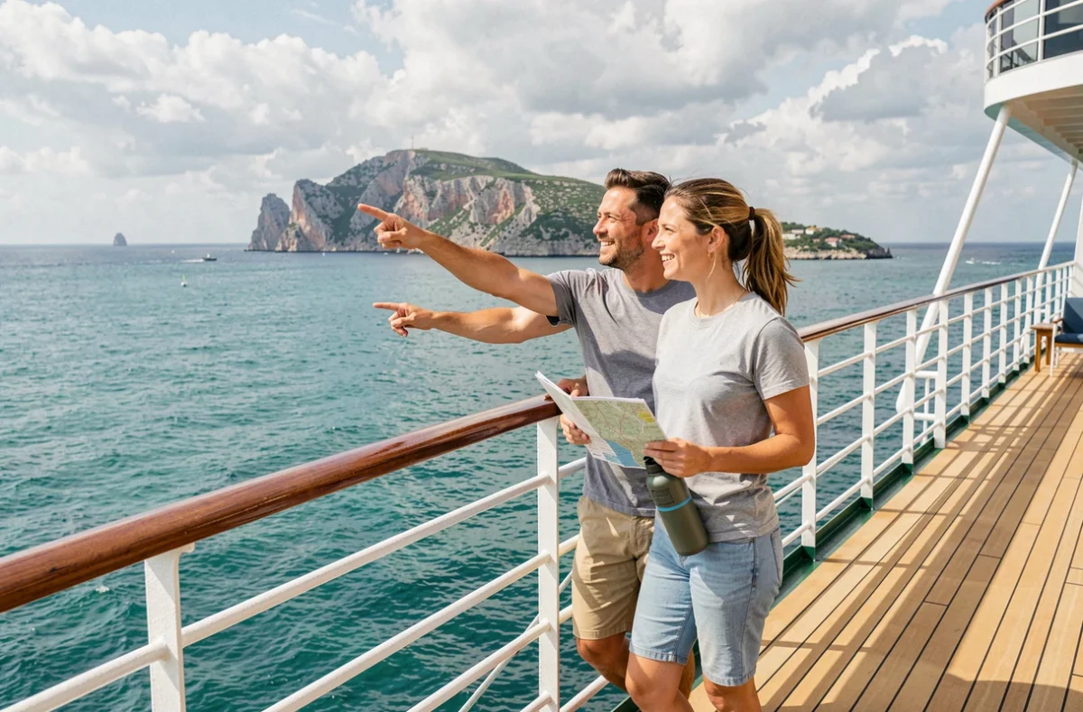 Couple souriant sur le pont d'un bateau de croisière abordable avec vue panoramique sur la mer Méditerranée