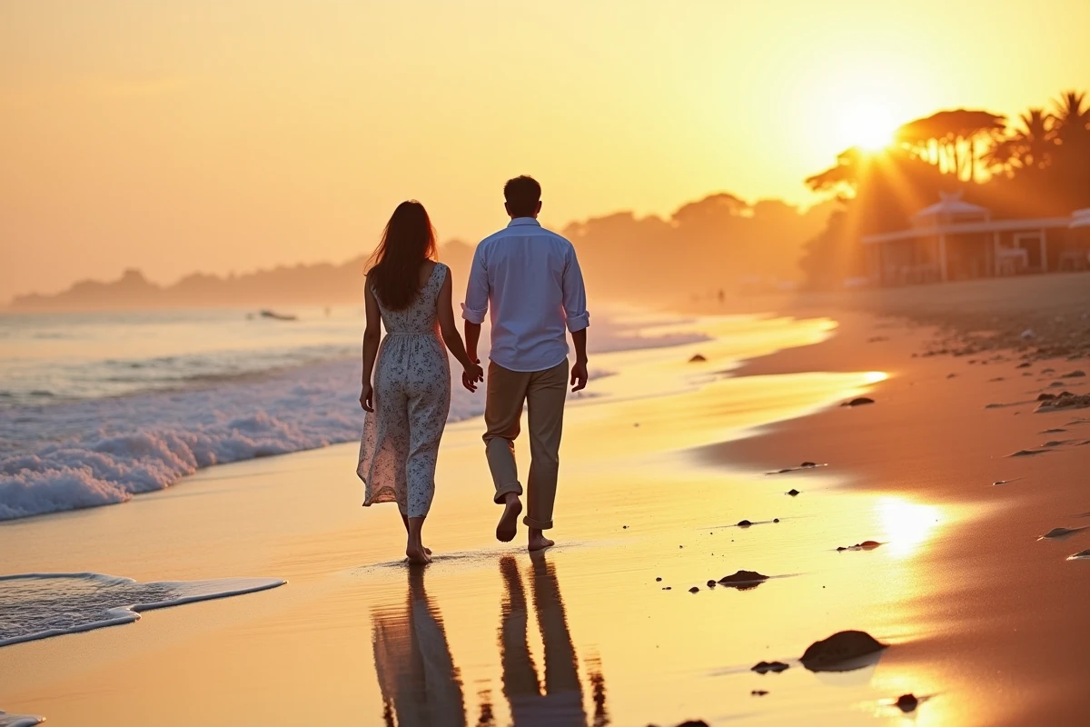 Couple se promenant pieds nus sur la plage de Pise au coucher du soleil