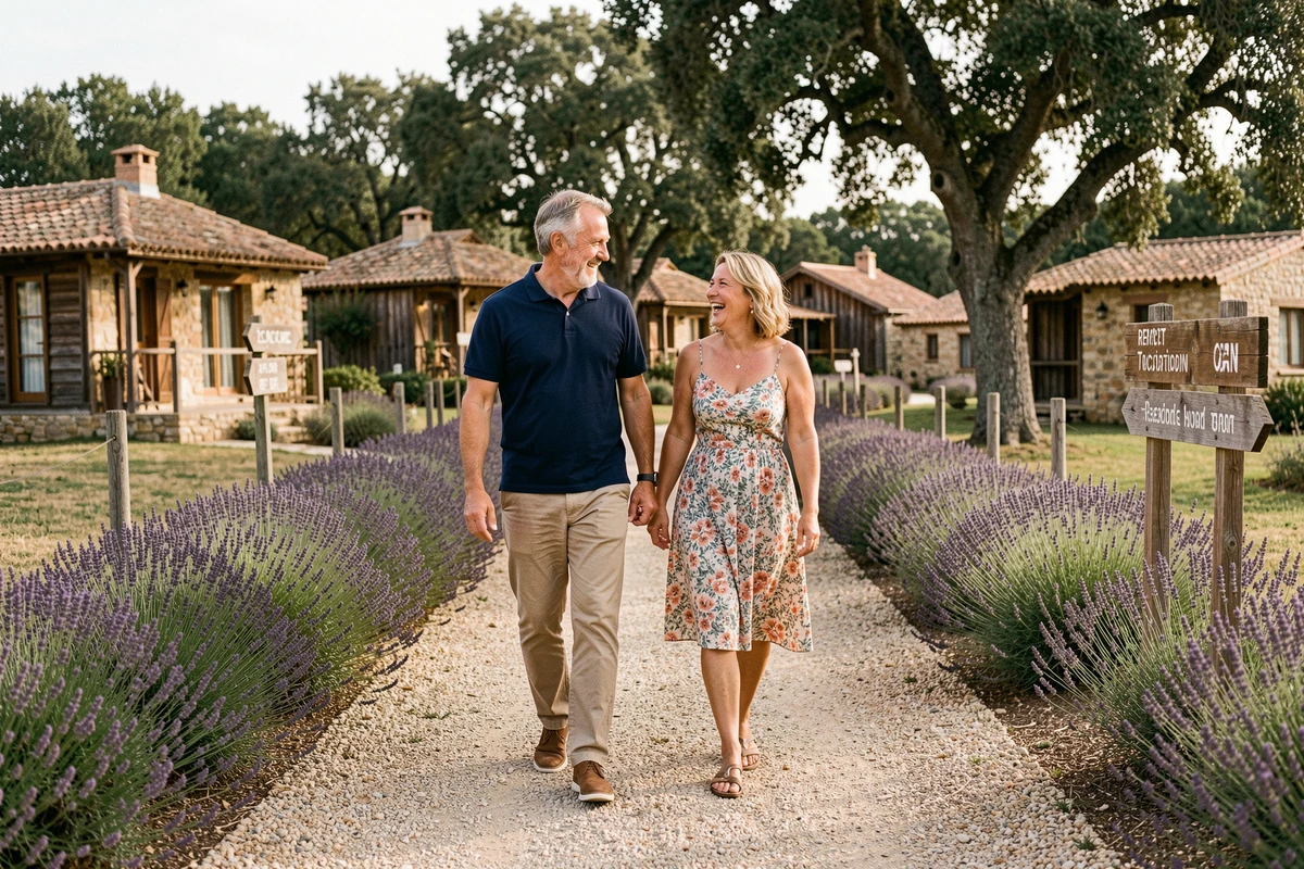 Couple de quinquagénaires se promenant sur une allée de lavande dans un village de vacances Iris Vacances en Provence