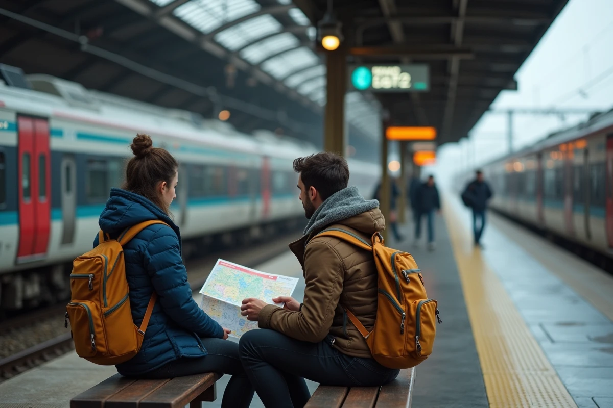 Jeune couple consultant une carte des trains sur le quai de la gare Lille Flandres avant leur départ
