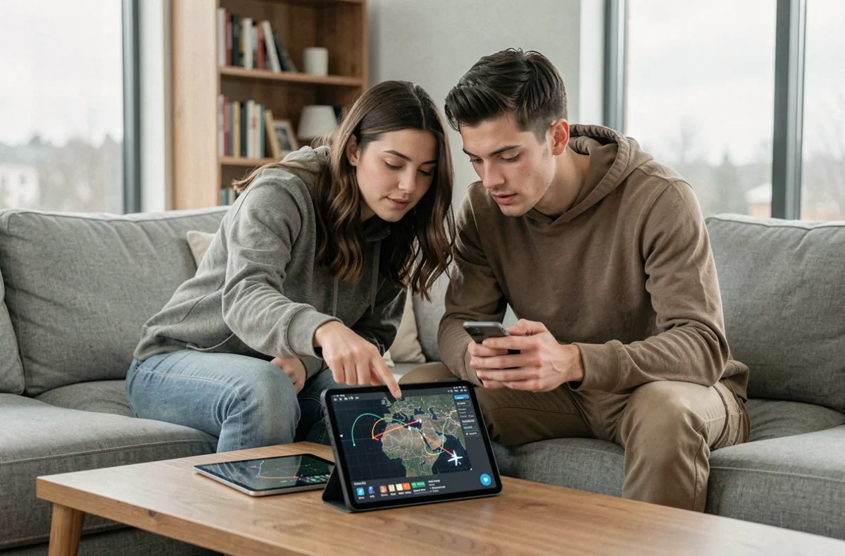 Couple consultant un radar de vol en direct sur une tablette dans leur salon pour suivre un proche