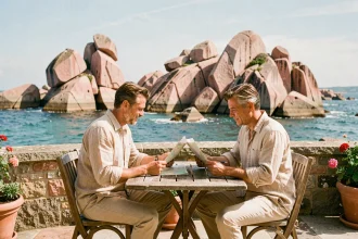 Couple consultant une carte sur une terrasse avec vue sur les rochers de granit rose de la Côte de Granit rose en Bretagne