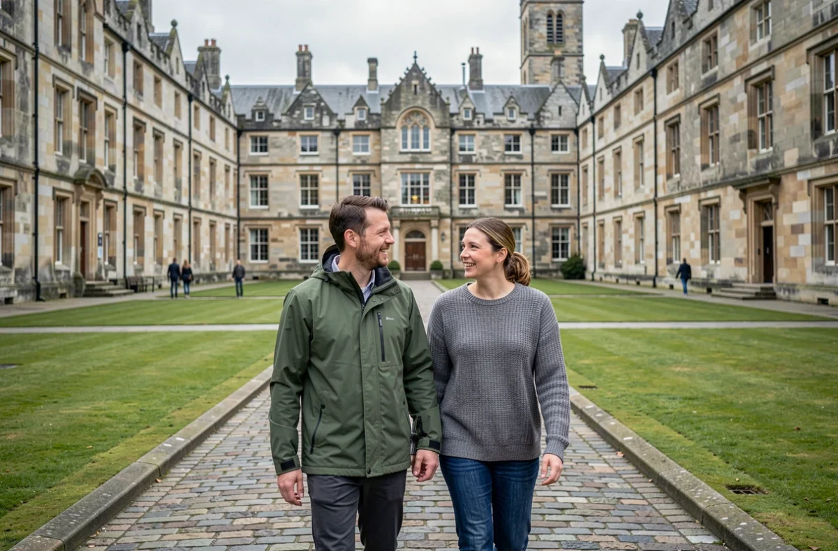 Couple de touristes se promenant dans la cour de Trinity College Dublin pendant un city trip de 3 jours