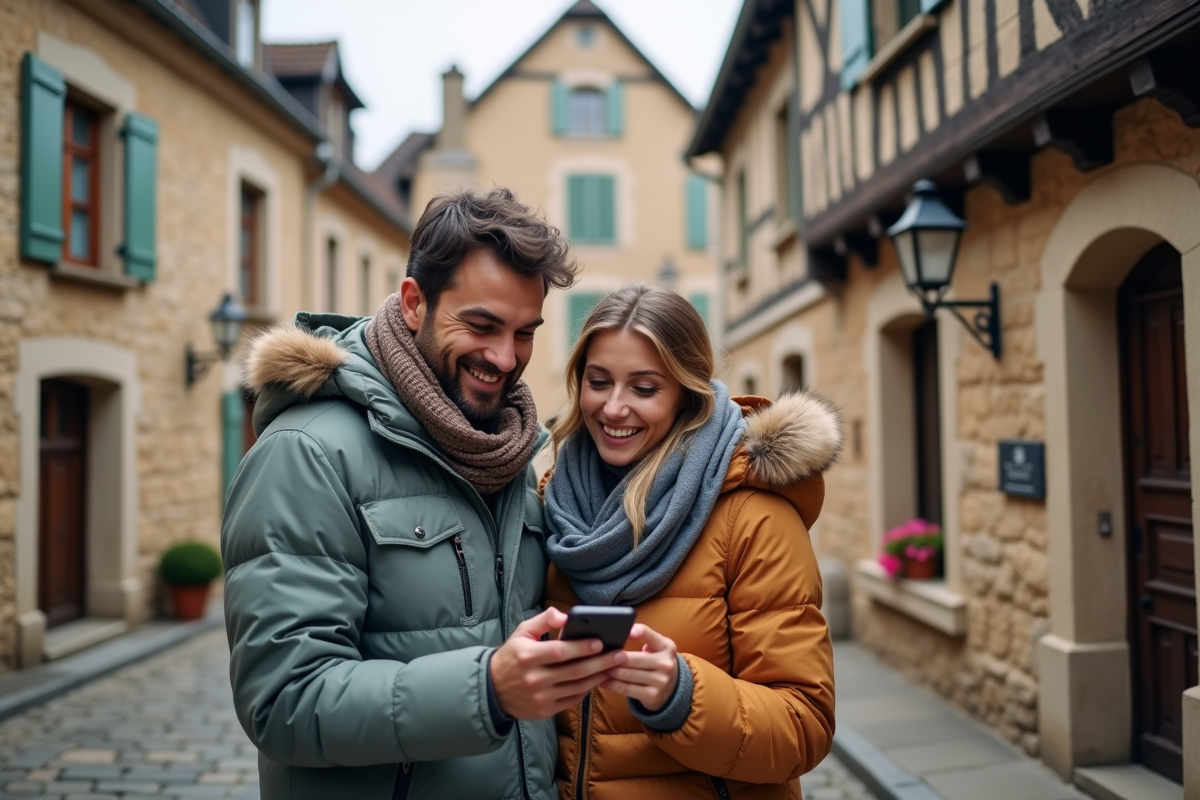 Jeune couple explore village historique avec smartphone