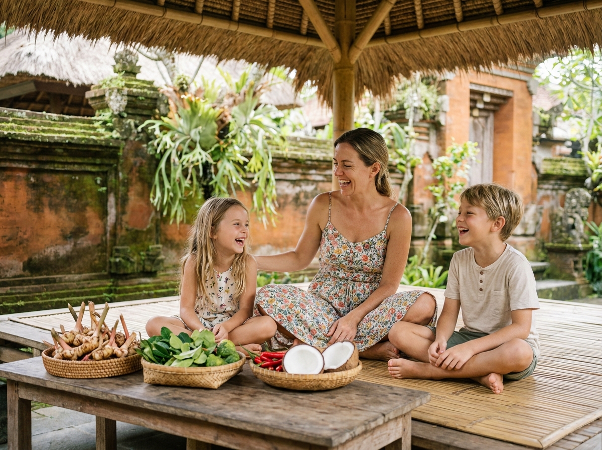 Mère et enfants participant à un cours de cuisine balinaise traditionnel dans un pavillon en bambou ouvert