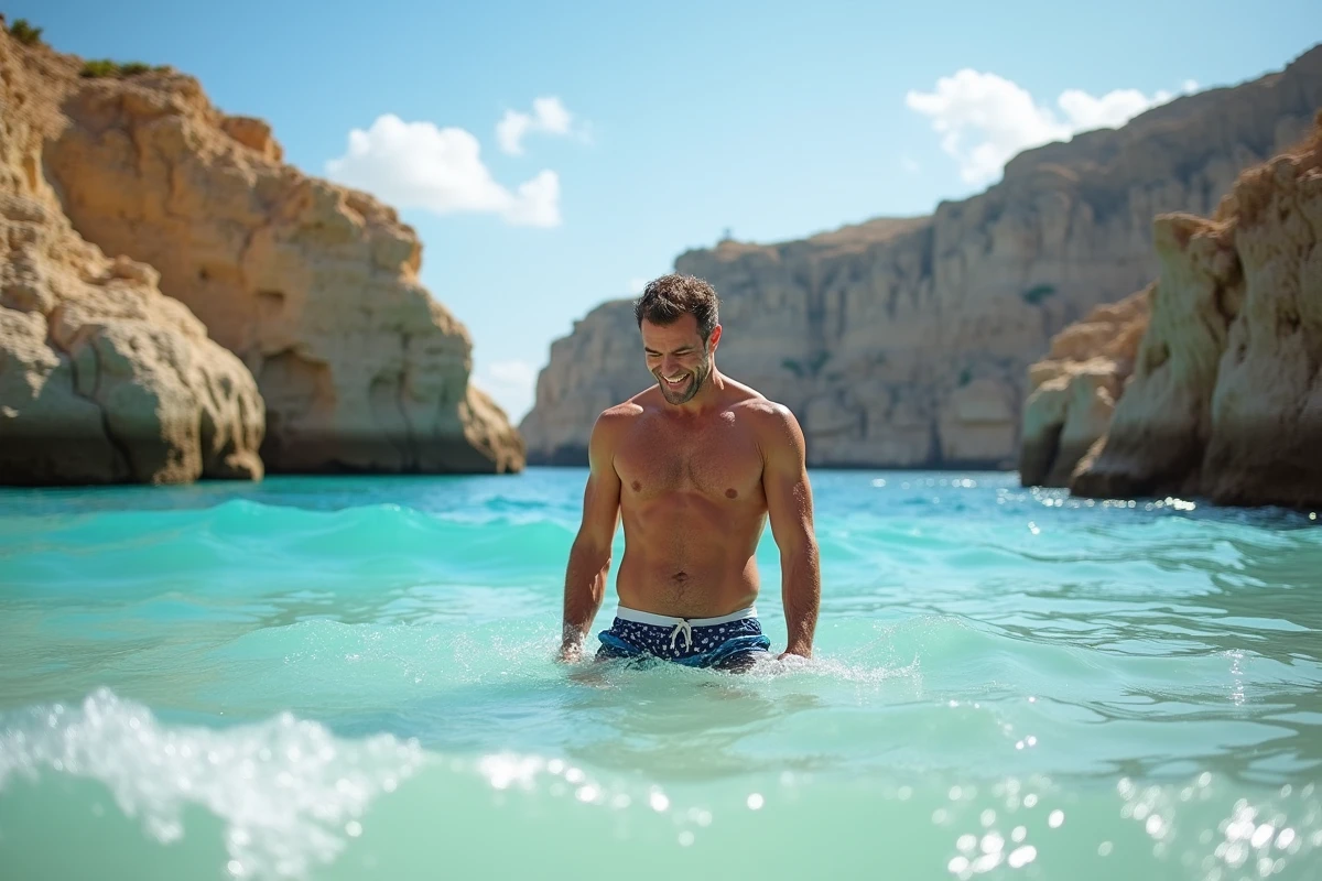 Homme en short de bain dans une crique rocheuse de Malte avec eau turquoise cristalline en été