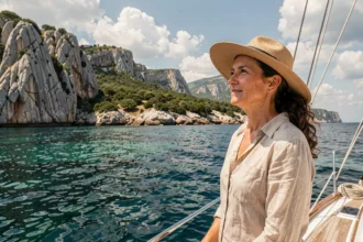 Femme sur le pont d'un voilier contemplant les falaises granitiques de la côte corse lors d'une croisière
