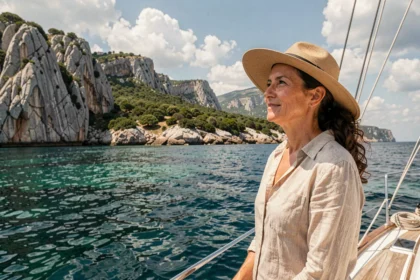 Femme sur le pont d'un voilier contemplant les falaises granitiques de la côte corse lors d'une croisière