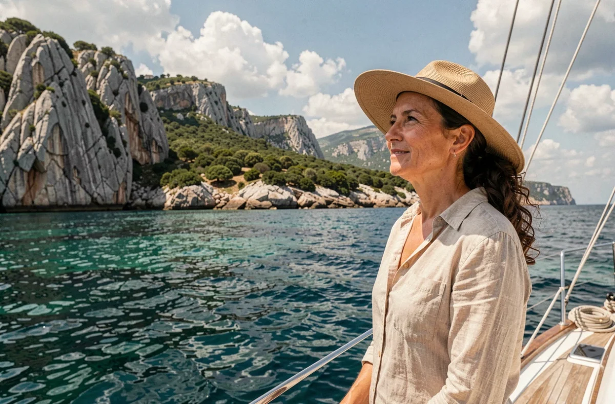 Femme sur le pont d'un voilier contemplant les falaises granitiques de la côte corse lors d'une croisière