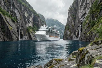 Bateau de croisière naviguant dans un fjord norvégien entouré de falaises de granit et d'une cascade