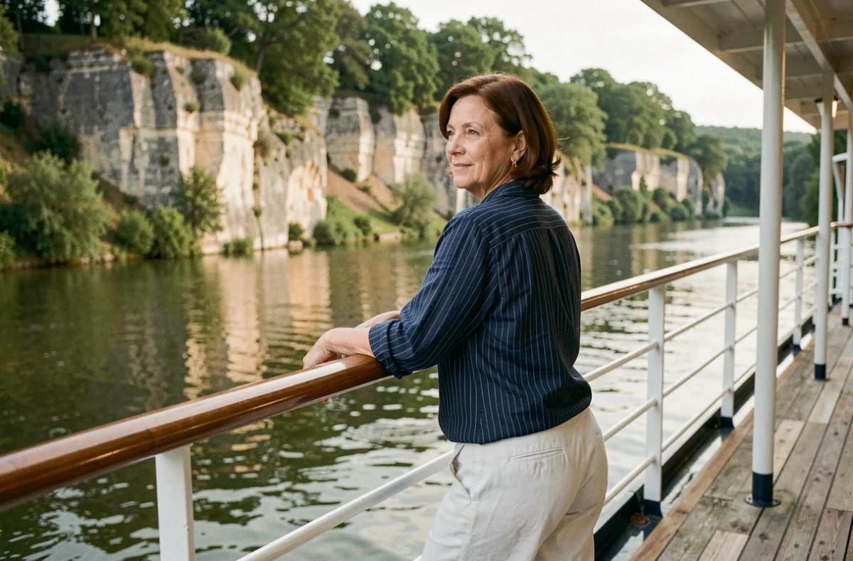 Femme en croisière fluviale sur la Dordogne admirant les falaises calcaires depuis le pont du bateau