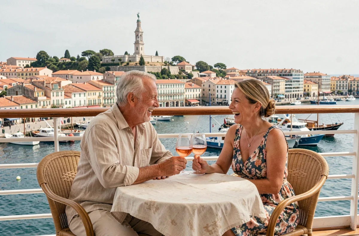 Couple de voyageurs profitant d'un apéritif en terrasse sur un bateau de croisière devant le port de Marseille