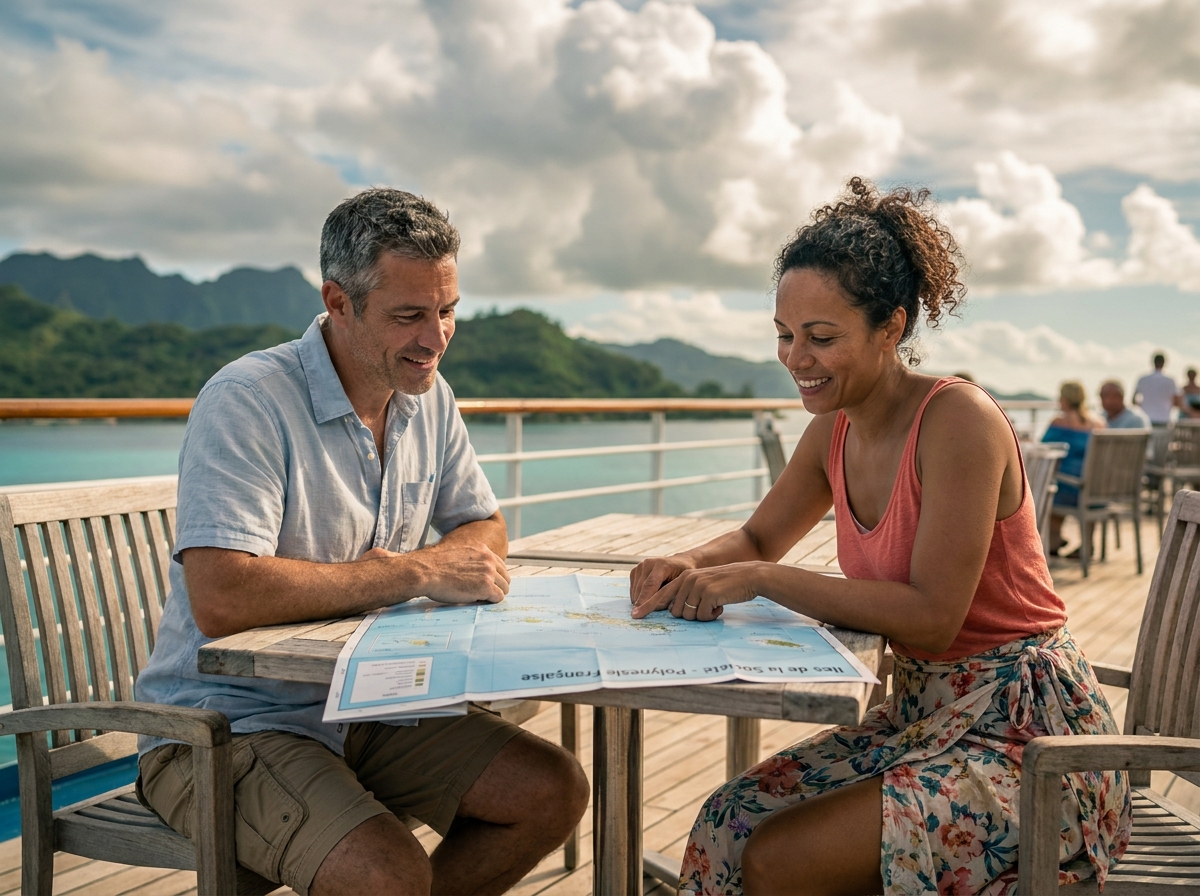 Couple sur le pont d'un navire de croisière en Polynésie française consultant une carte des îles sous un ciel nuageux de saison humide