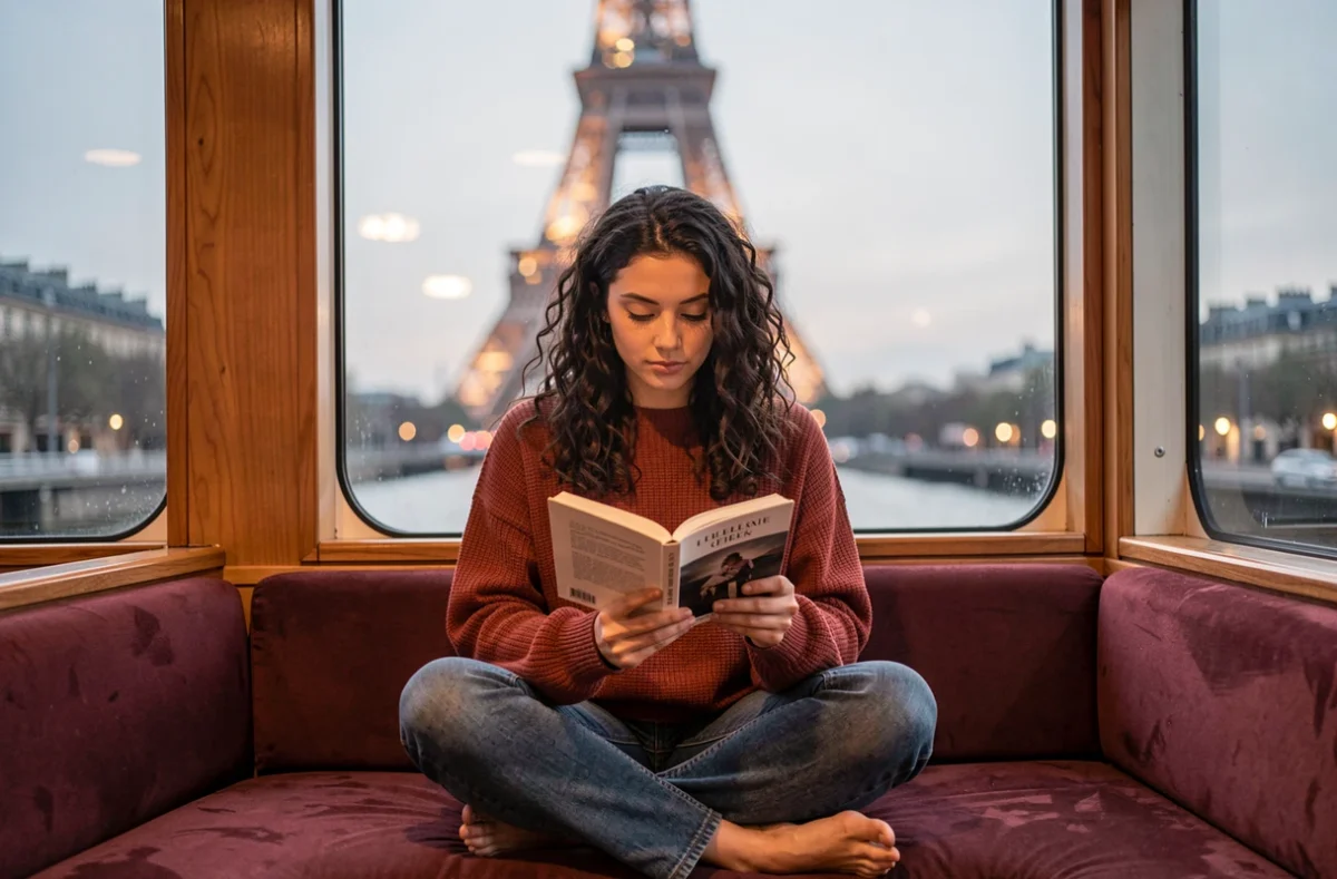 Jeune femme lisant un livre dans le salon vitré d'un bateau de croisière sur la Seine avec la Tour Eiffel en arrière-plan