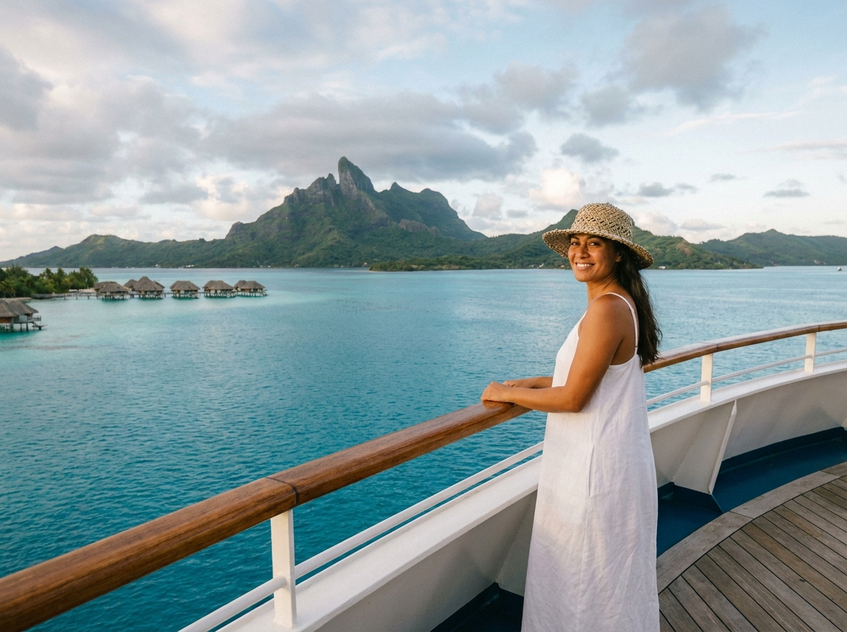 Femme polynésienne sur un bateau de croisière naviguant dans le lagon turquoise de Bora Bora avec les bungalows sur pilotis en arrière-plan