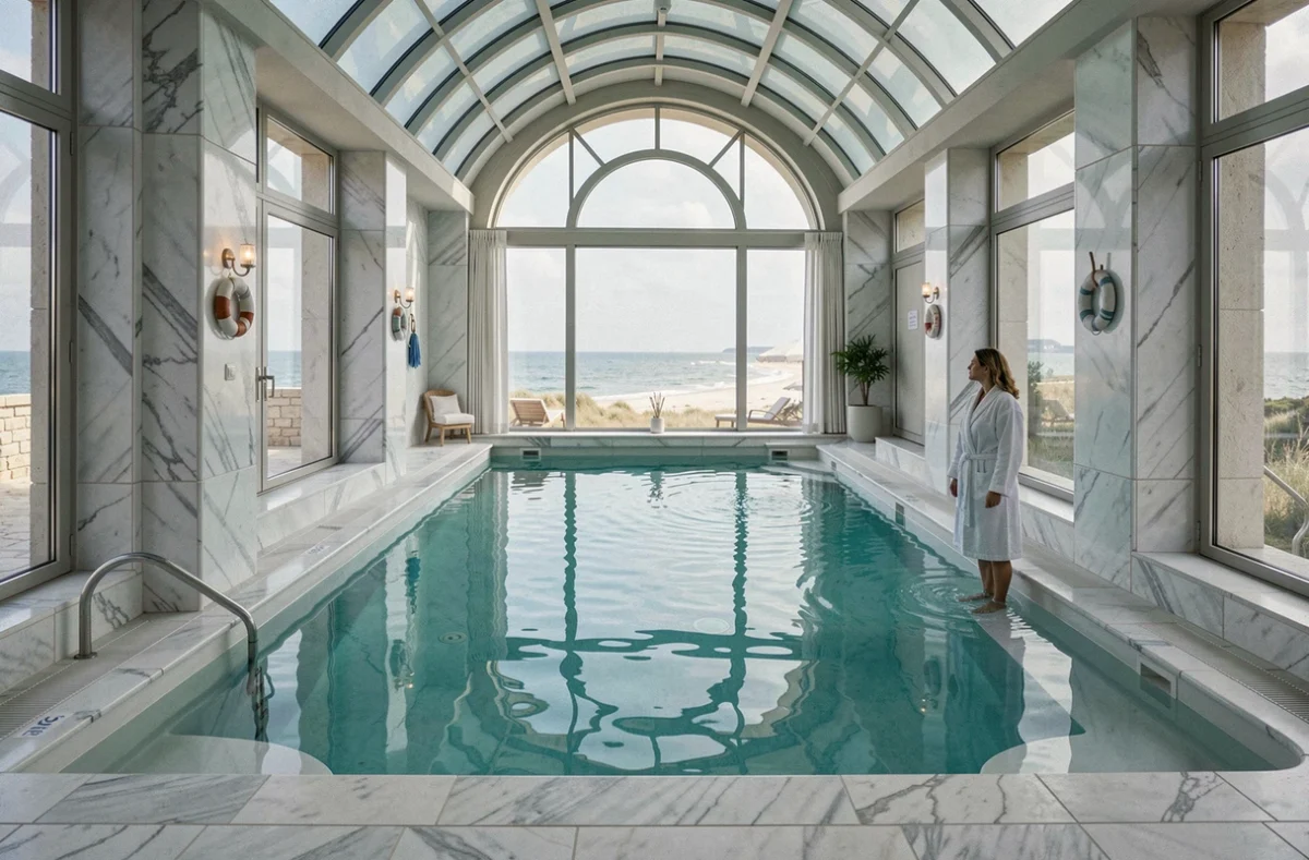 Piscine d'eau de mer intérieure du spa thalasso de l'hôtel Cures Marines à Trouville avec vue sur la côte normande