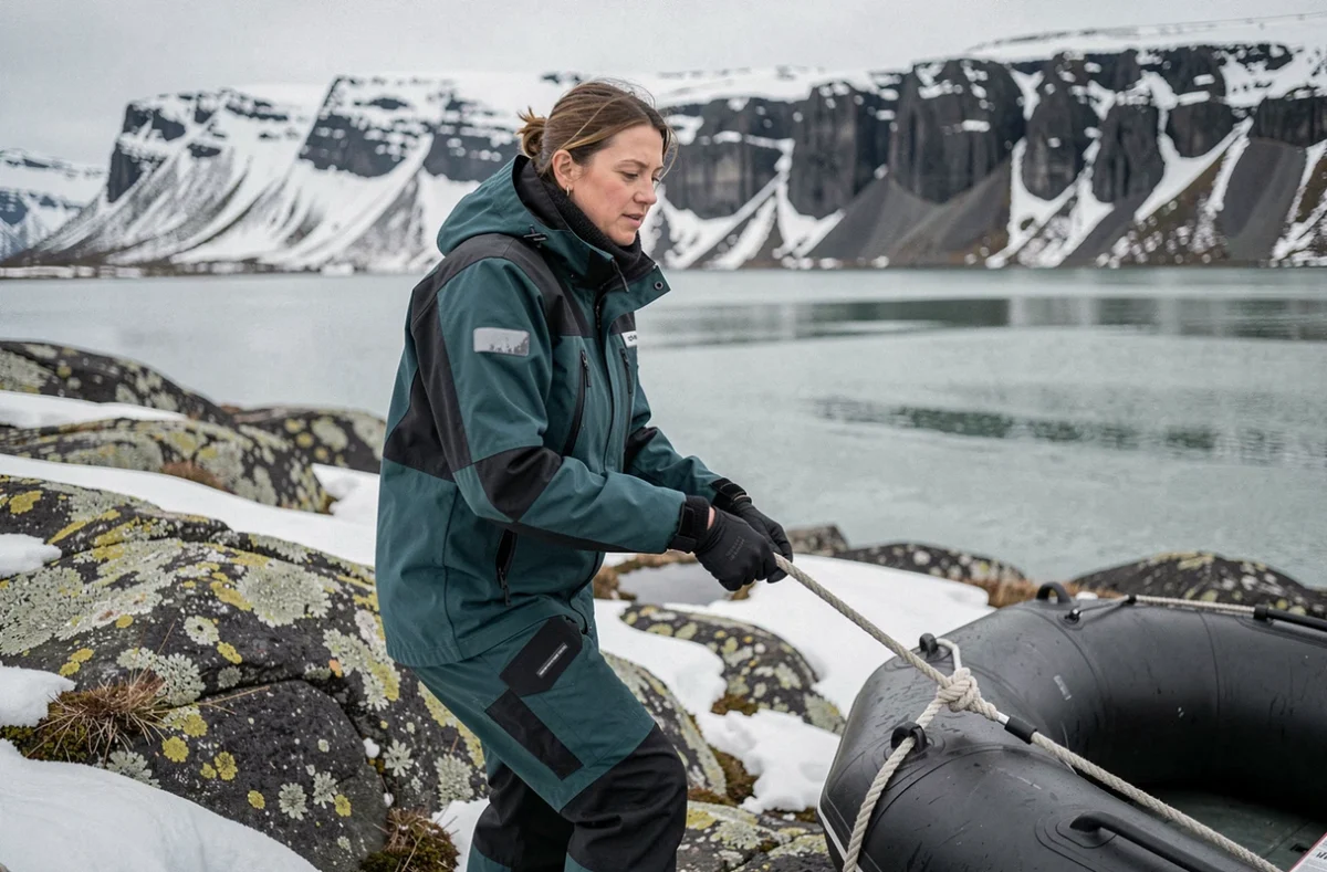 Femme débarquant d'un zodiac sur le rivage rocheux lors d'une excursion en Arctique