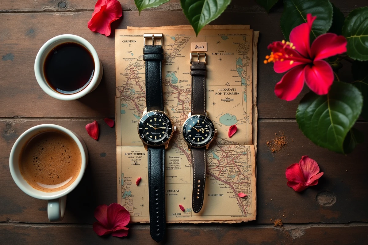 Vue de dessus de deux montres analogiques indiquant l'heure de Bali et de Paris posées sur une table en bois avec une carte de Bali et un café local