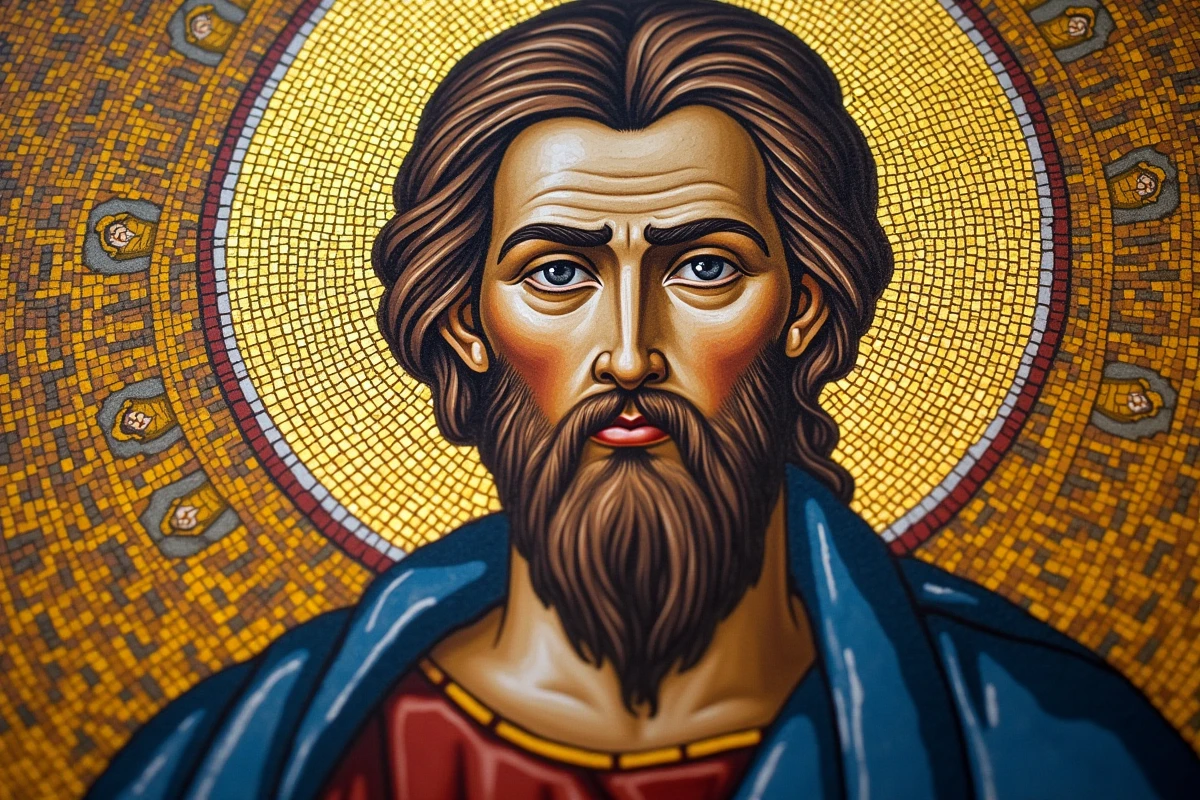 Détail d'une mosaïque byzantine représentant un saint à auréole dorée dans la cathédrale de Monreale en Sicile